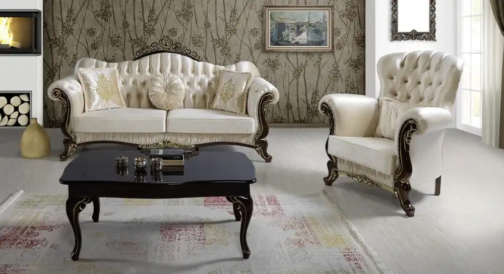Casa Padrino conjunto de sala de estar barroco champán / negro / oro - 2 Sofás y 2 Sillones y 1 Mesa de Centro - Muebles de sala de estar - Noble y Magnífico Finale Aktion