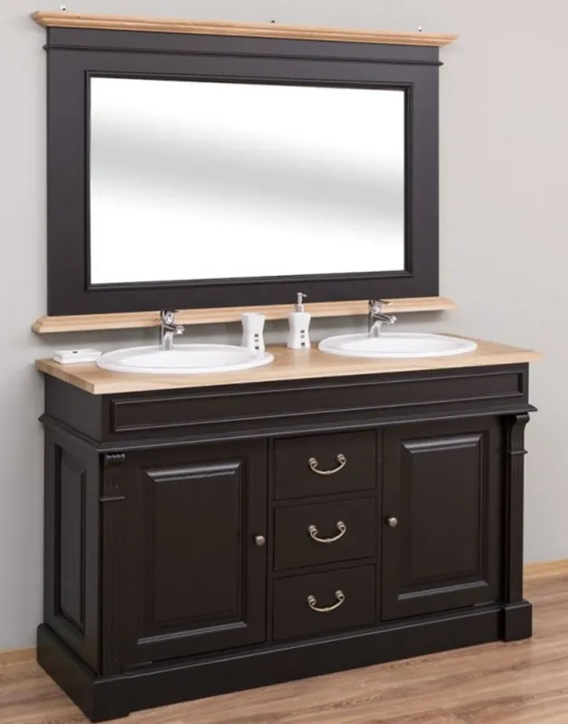 Casa Padrino Conjunto de Baño de Estilo Campestre Negro / Natural - 1 Gabinete del Fregadero Doble y 1 Espejo de Pared - Muebles de Baño de Madera Maciza en Estilo Campestre Neuheit