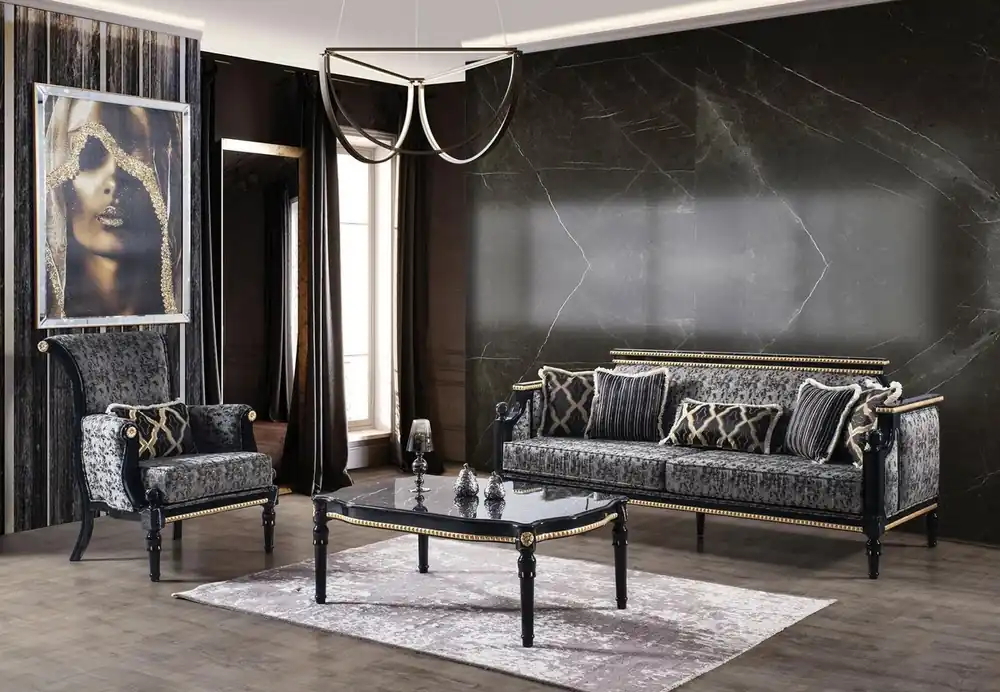 Casa Padrino conjunto de sala de estar barroco de lujo gris / negro / oro - 2 Sofás y 2 Sillones y 1 Mesa de Centro con Tapa de Cristal en Aspecto de Mármol - Muebles de sala en estilo barroco Solange Der Vorrat Reicht