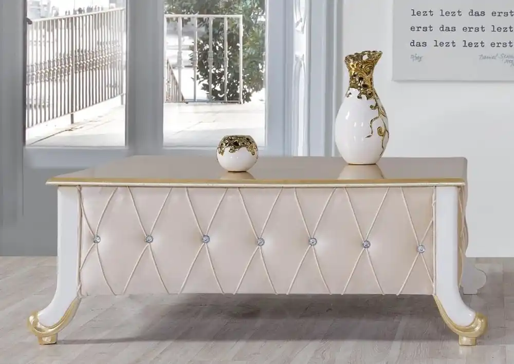 Casa Padrino mesa de centro barroco beige / blanco / oro 100 x 64 x A. 43 cm - Mesa de salón noble de estilo barroco con pedrería - Muebles Barrocos Sonderangebot