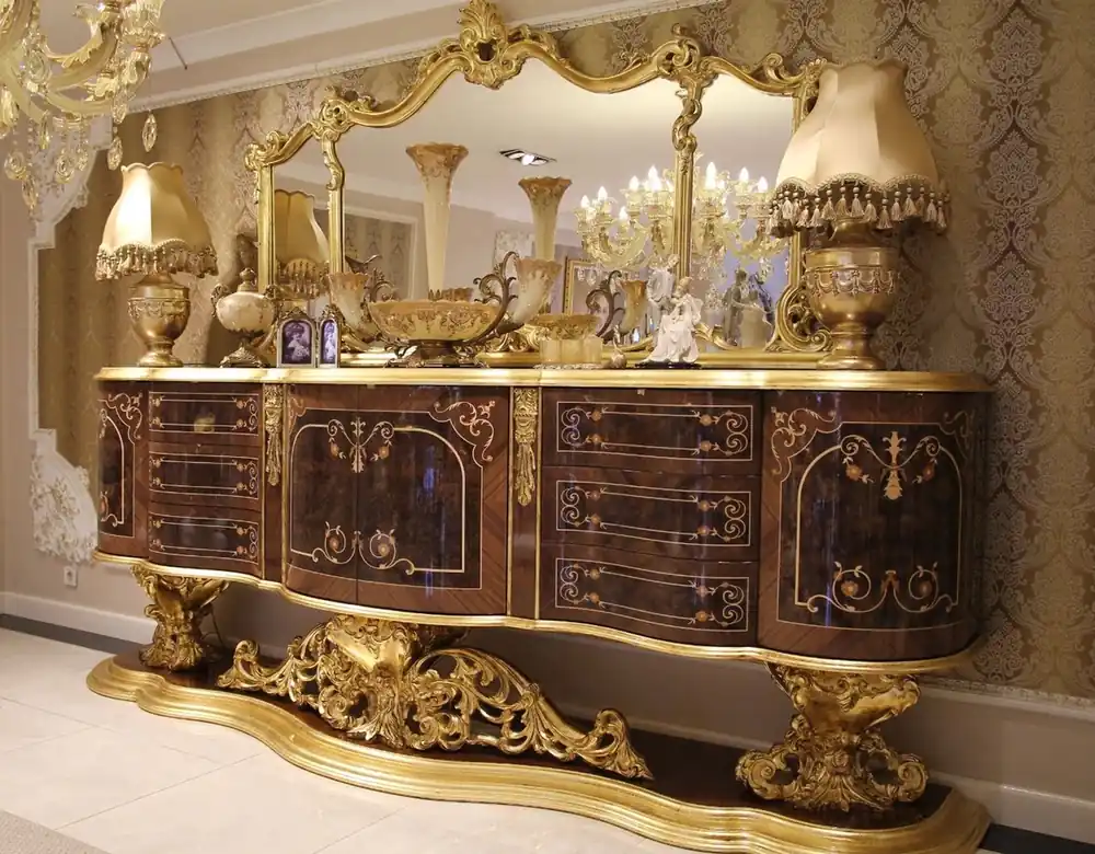 Casa Padrino aparador barroco de lujo con espejo marrón / oro antiguo 305 x 50 x A. 232 cm - Gabinete de madera maciza adornada con espejo de pared - Muebles nobles en estilo barroco - Calidad de Lujo Abverkauf