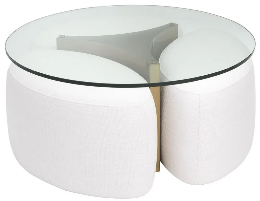 Casa Padrino mesa de centro de lujo blanco / latón antiguo Ø 104 x A. 46,5 cm - Mesa de salón redonda de acero inoxidable con tapa de vidrio y 3 taburetes elegantes - Muebles de sala - Muebles de lujo Solange Der Vorrat Reicht