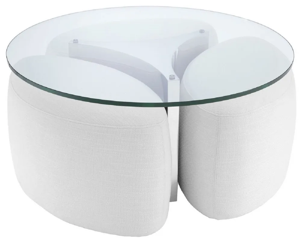 Casa Padrino mesa de centro de lujo blanco / plata Ø 104 x A. 46,5 cm - Mesa de salón redonda de acero inoxidable con tapa de vidrio y 3 taburetes elegantes - Muebles de sala - Muebles de lujo Expressversand