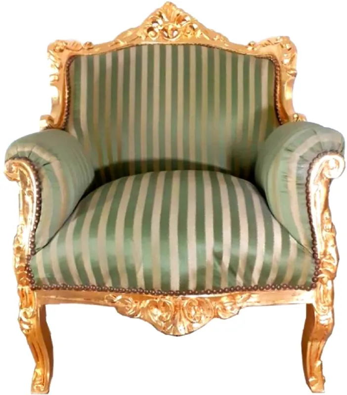 Top-Seller Casa Padrino sillón barroco Lord rayas verdes / oro 77 x 63 x A. 102 cm - Sillón de salón hecho a mano en estilo barroco - Muebles Barrocos