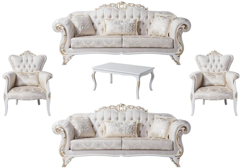 Casa Padrino conjunto de sala de estar barroco de lujo crema / blanco / oro - 2 Sofás y 2 Sillones y 1 Mesa de Centro - Muebles de sala en estilo barroco - Noble y Espléndido Garantierte Lieferung