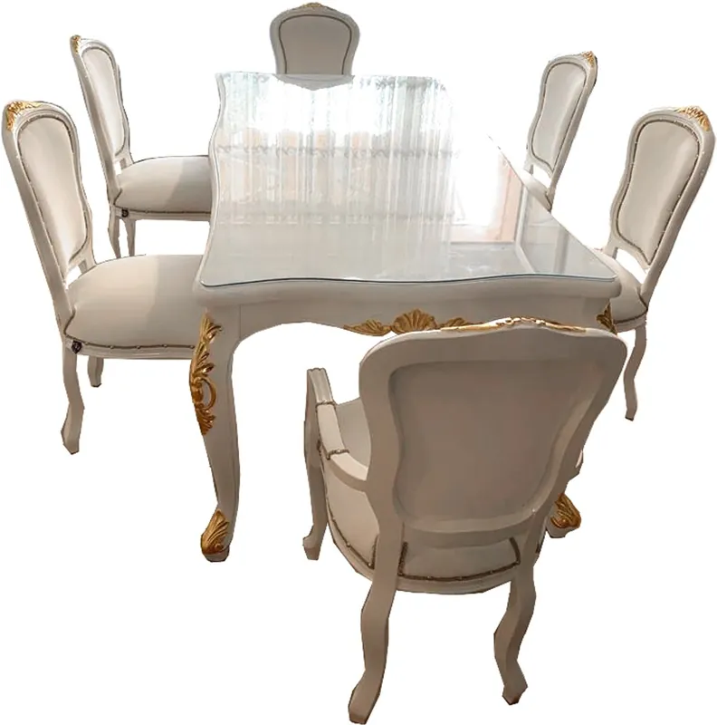Casa Padrino Conjunto de Comedor Barroco de Lujo Blanco / Oro - 1 Mesa de Comedor con Tapa de Vidrio y 6 Sillas de Comedor con Cuero de Imitación - Hecho en Italia - Colección de Lujo Super-Preis