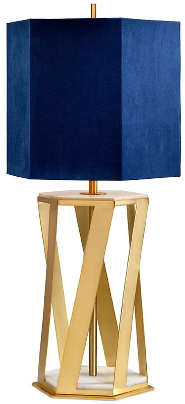 Casa Padrino lámpara de mesa de lujo latón / blanco / azul 27,5 x 27,5 x A. 87 cm - Lámpara de mesa moderna con pantalla de seda sintética - Colección de Lujo Neu