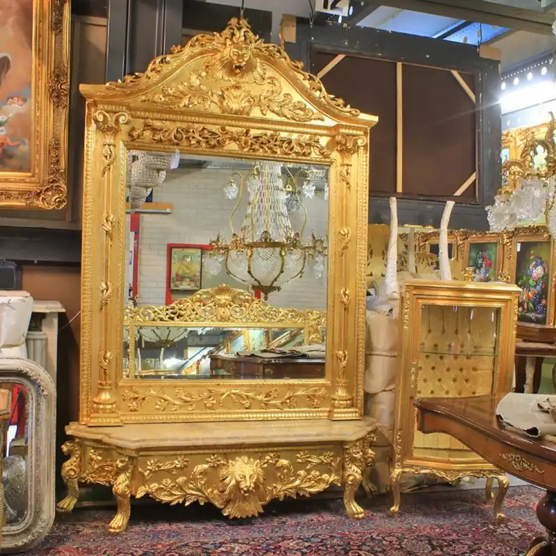 Aktuell Consola de espejo barroco de lujo Casa Padrino Gold Lion con encimera de mármol - consola de muebles de sala de lujo con espejo cabeza de león