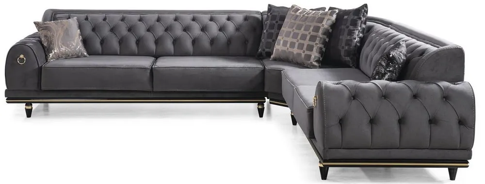 Markenware Casa Padrino sofá esquinero Art Deco Chesterfield de lujo gris / negro / oro 320 x 285 x A. 82 cm - Sofá de salón noble con cojines decorativas - Calidad de Lujo