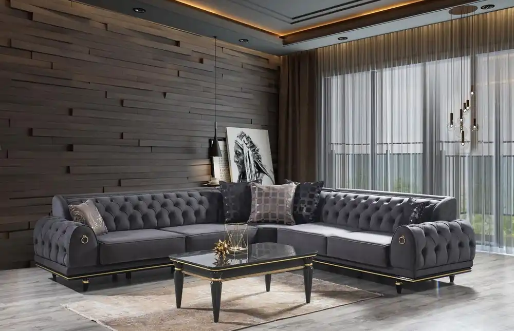 Casa Padrino conjunto de sala de estar Art Deco Chesterfield de lujo gris / negro / oro - 1 Sofá de Esquina con Almohadas y 1 Mesa de Centro - Muebles de sala nobles - Calidad de Lujo Geprüft
