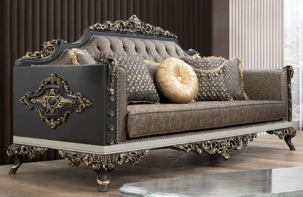 Jetzt Bestellen Casa Padrino sofá barroco de lujo azul / oro / gris / blanco / oro - Magnífico sofá de salón con patrón elegante - Muebles de salón barrocos