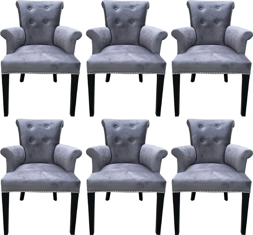 Casa Padrino conjunto de 6 sillas de comedor de lujo gris / negro - Sillas de cocina de madera maciza con reposabrazos y tela de terciopelo fino - Muebles de Comedor y Restaurante de Lujo Heißes Angebot