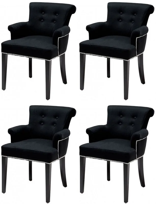 Casa Padrino conjunto de 4 sillas de comedor de lujo negro - Sillas de cocina de madera maciza con reposabrazos y tela de terciopelo fino - Muebles de Comedor y Restaurante de Lujo Nur Für Kurze Zeit