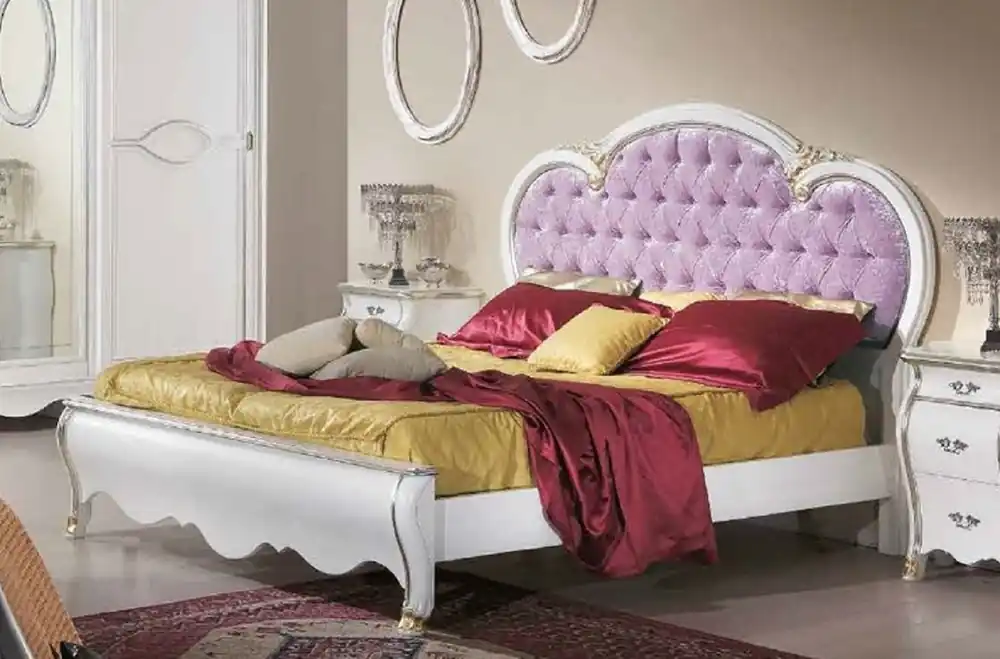 Casa Padrino cama de matrimonio barroco de lujo púrpura / blanco / oro - Magnífica cama de madera maciza estilo barroco - Muebles de dormitorio y hotel barrocos - Calidad de lujo - Hecho en Italia Geprüft