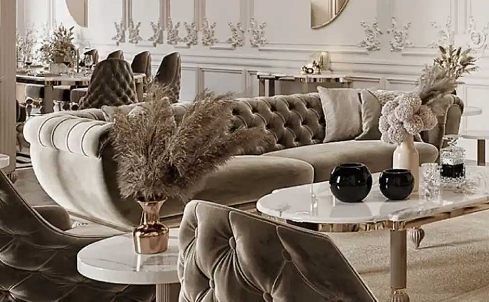 Casa Padrino Sofá Art Deco Chesterfield de Lujo Gris / Oro - Sofá de Salón Suntuoso - Muebles de Salón Art Deco Echt