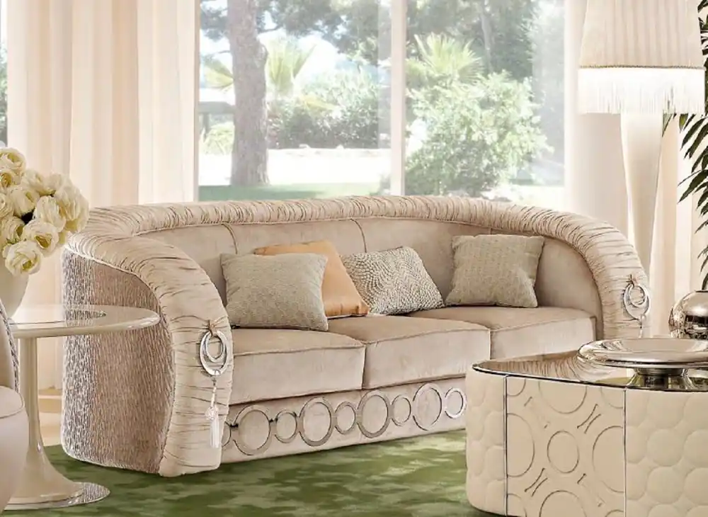 Neu Casa Padrino Sofá de Lujo con Adornos de Metal Beige / Plata 260 x 103 x A. 80 cm - Muebles de Salón y Hotel de Lujo - Calidad Primera - Hecho en Italia