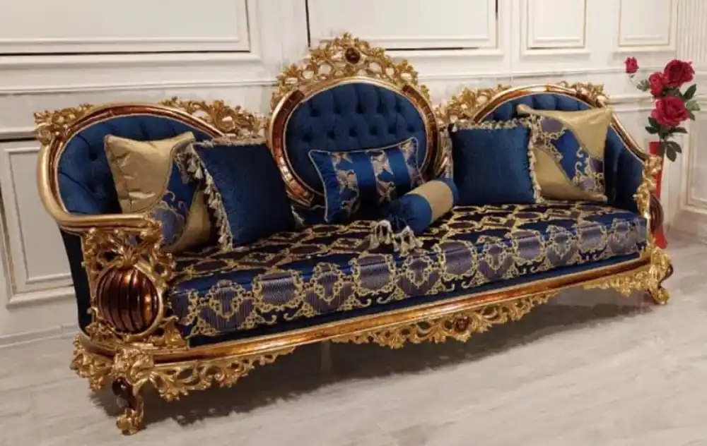 Casa Padrino sofá barroco de lujo azul / oro / marrón - Magnífico sofá de salón con patrón elegante - Muebles de salón barrocos Schnäppchen