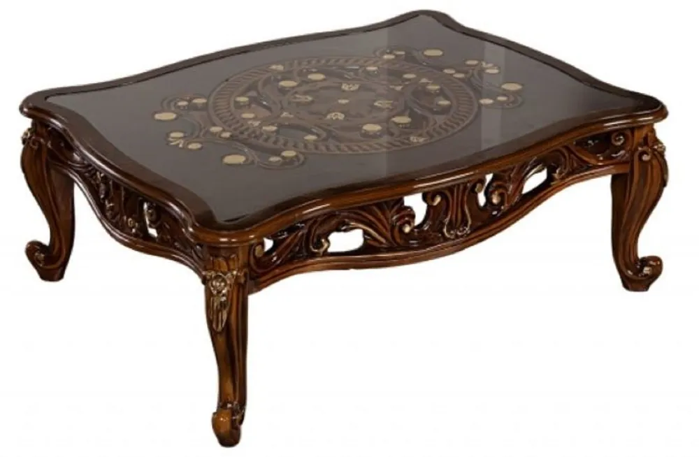 Echt Casa Padrino mesa de centro barroco de lujo marrón / oro - Mesa de salón de madera maciza hecha a mano con tapa de vidrio - Muebles de salón barrocos - Noble y Magnífico