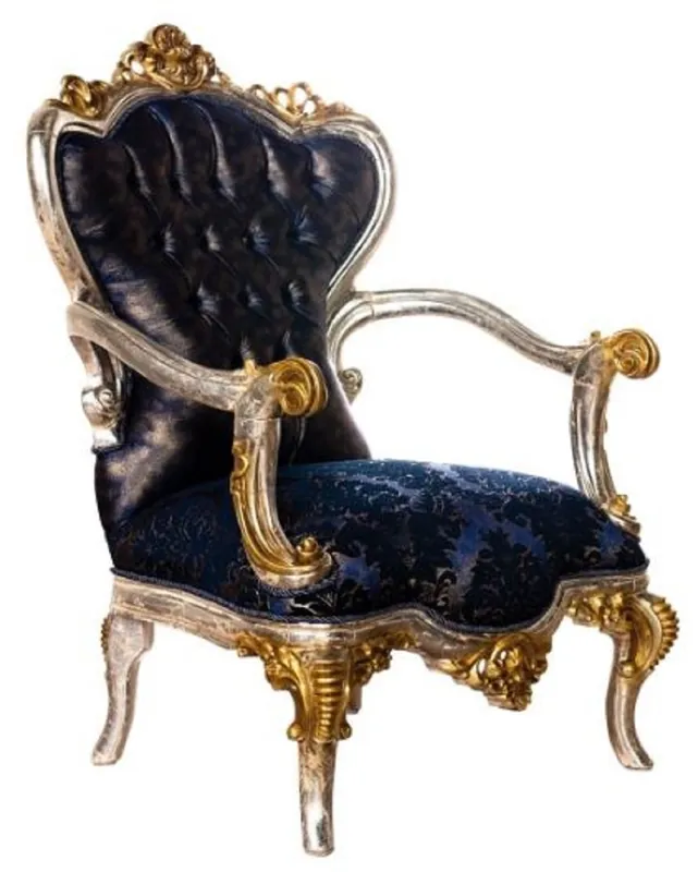 Abverkauf Casa Padrino sillón de salón barroco de lujo azul real / negro / plata / oro - Magnífico sillón con patrón elegante - Muebles de salón barrocos hechos a mano