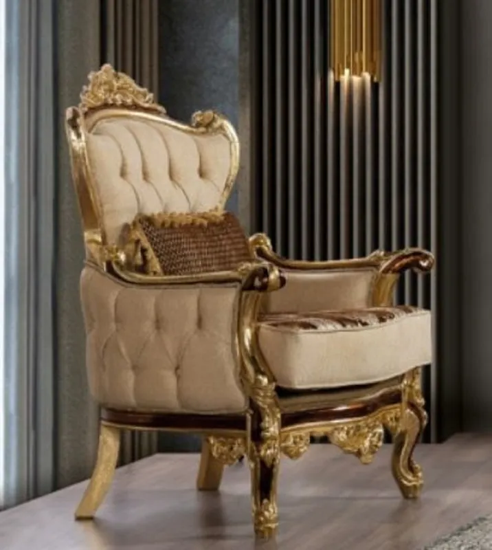Angebot Casa Padrino sillón de salón barroco de lujo beige / marrón / oro - Magnífico sillón con patrón - Muebles de salón barrocos hechos a mano