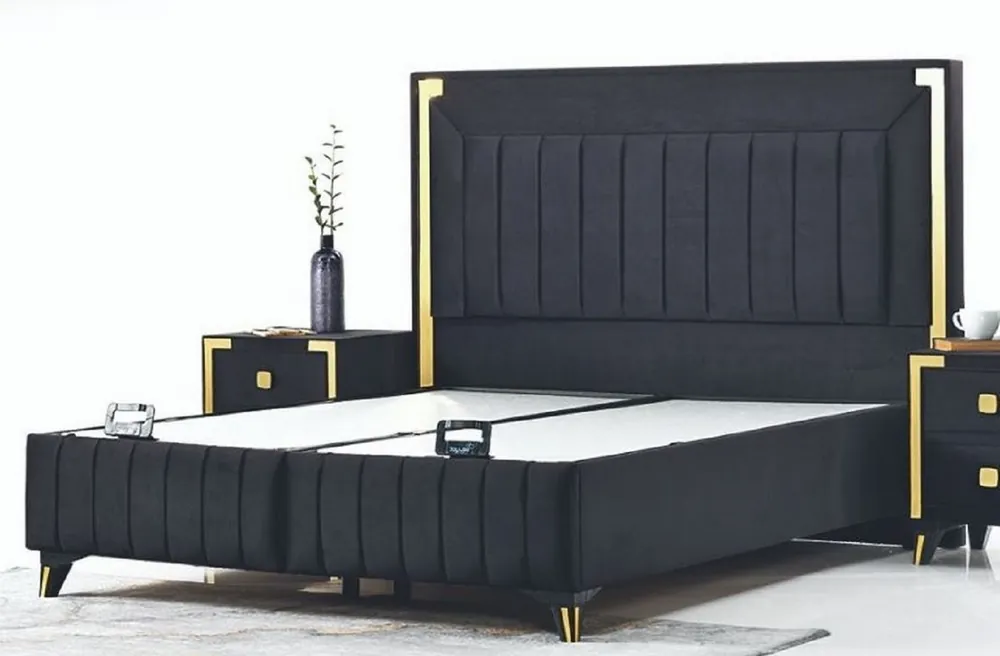 Casa Padrino cama doble de lujo negro / oro amarillo - Cama moderna de madera maciza - Muebles de Dormitorio y de Hotel Moderno - Colección de Lujo Sonderaktion