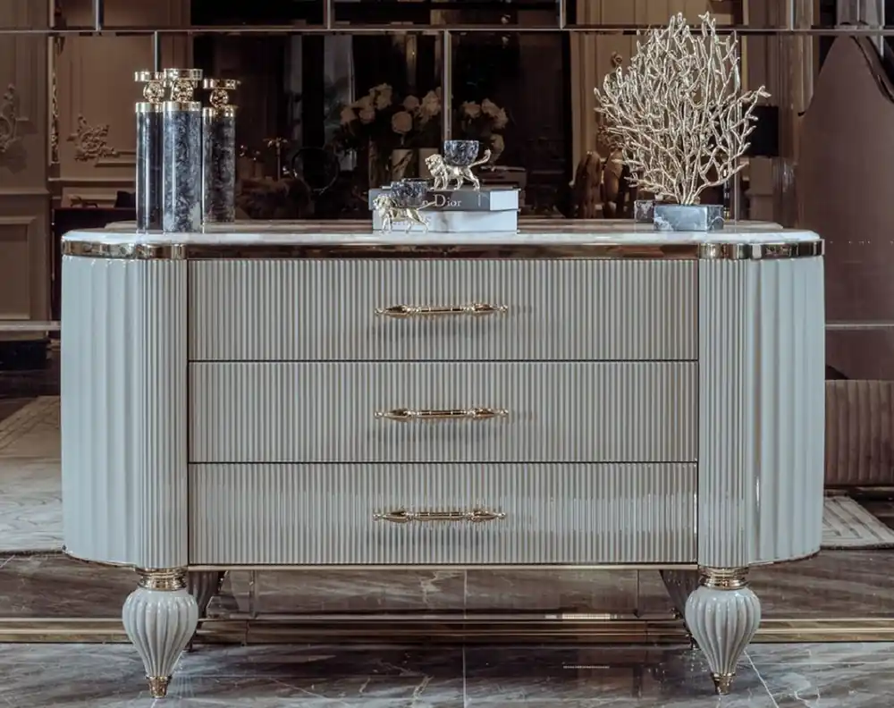 Rabatt Casa Padrino cómoda Art Deco de lujo gris / blanco / oro - Magnífica cómoda con 3 cajones y tapa de mármol artificial - Muebles de Dormitorio y Hotel Art Deco de Lujo - Colección de Lujo
