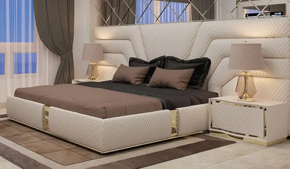 Neue Kollektion Casa Padrino conjunto de dormitorio de lujo crema / oro - 1 Cama Doble con Cabecera y 2 Mesitas de Noche - Muebles de Dormitorio y de Hotel Moderno - Calidad de Lujo