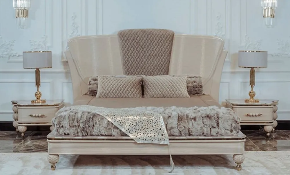 Casa Padrino Conjunto de Dormitorio Art Deco de Lujo Beige / Gris / Oro - 1 Cama Doble con Cabecero y 2 Mesas de Noche - Muebles de Dormitorio y de Hotel Art Deco - Colección de Lujo Direkt Vom Hersteller