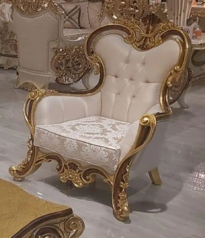 Echt Casa Padrino sillón de salón barroco de lujo crema / marrón / oro - Magnífico sillón con patrón - Muebles de salón barrocos hechos a mano