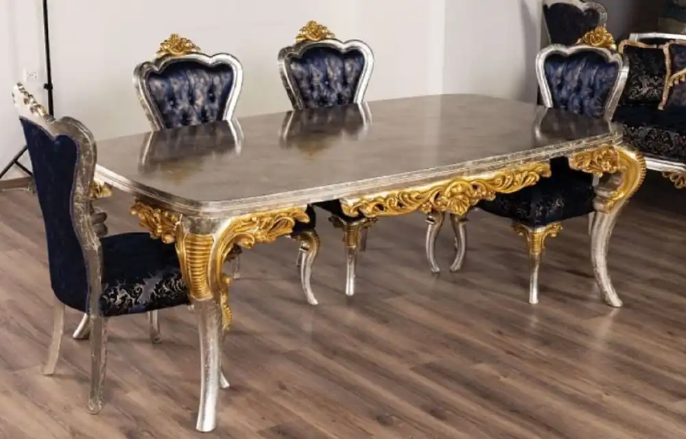 Casa Padrino mesa de comedor barroco de lujo plata / oro - Mesa de comedor de madera maciza hecha a mano en estilo barroco - Magníficos muebles de comedor barrocos Jetzt Bestellen