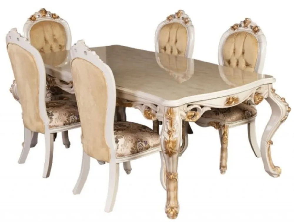 Casa Padrino mesa de comedor barroco de lujo blanco / oro - Mesa de comedor de madera maciza hecha a mano en estilo barroco - Magníficos muebles de comedor barrocos Knallerangebot
