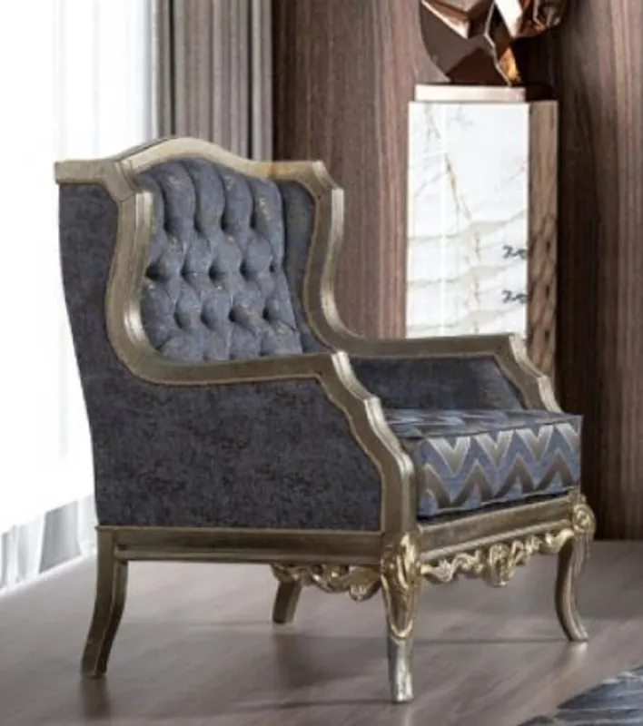Casa Padrino sillón de orejas barroco de lujo azul / plata / oro - Sillón de salón hecho a mano en estilo barroco - Muebles de salón barrocos Neue Kollektion