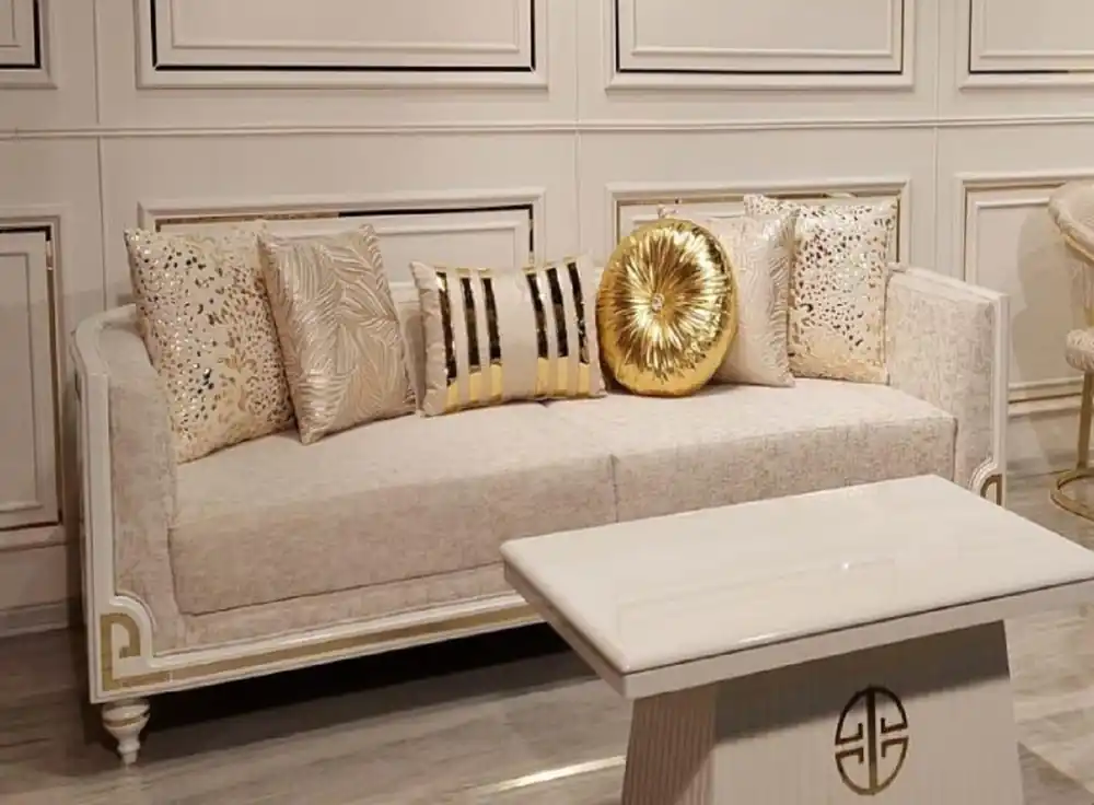 Casa Padrino Sofá Art Deco de Lujo Gris / Blanco / Oro - Sofá de la Sala de Estar - Sofá del Hotel - Muebles de Hotel y Sala de Estar Art Deco de Lujo Aktuell