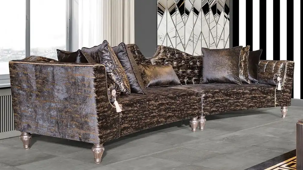 Casa Padrino sofá barroco de lujo negro / oro / plata - Sofá de Sala de Estar Curvo - Sofá del Hotel - Muebles de Hotel y Sala de Estar Barroco de Lujo Aktuell