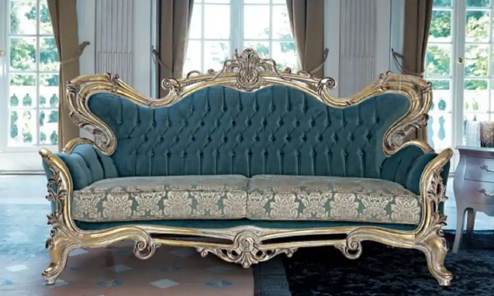 Casa Padrino sofá barroco de lujo azul / oro - Sofá de salón de estilo barroco hecho a mano con patrón elegante - Muebles de salón barrocos Rabatt