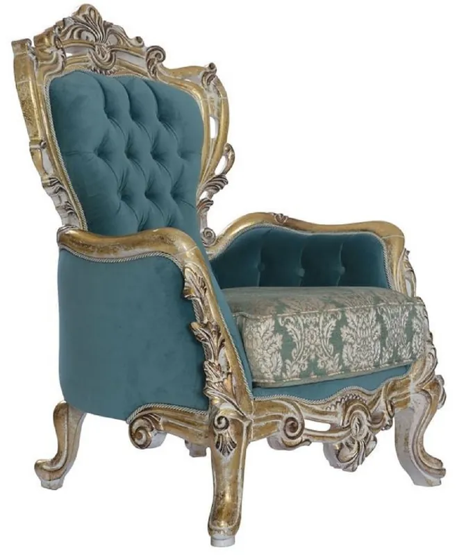 Super-Preis Casa Padrino sillón barroco de lujo azul / oro - Sillón de salón de estilo barroco hecho a mano con patrón elegante - Muebles de salón barrocos