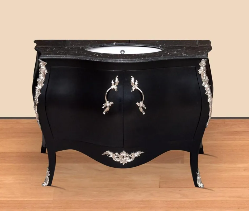 Cómoda de tocador barroco de lujo Casa Padrino negro / plata con tapa de mármol - muebles de baño barrocos de lujo Kracherpreis
