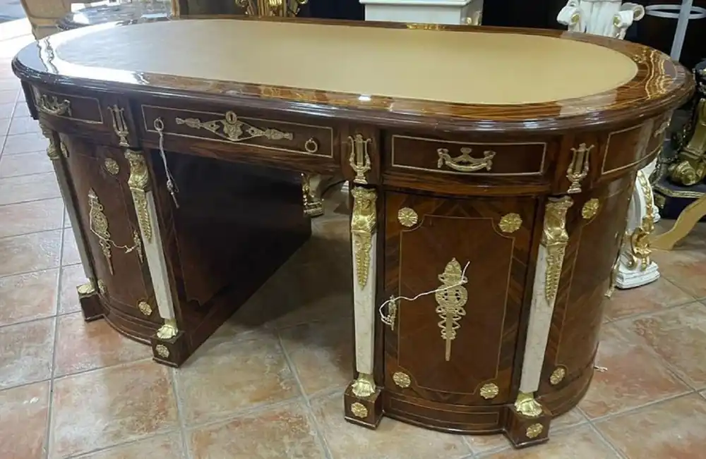 Casa Padrino escritorio barroco de madera maciza marrón marquetería / oro / blanco / crema - Magnífica mesa de oficina ovalada en estilo barroco - Muebles de oficina barrocos hechos a mano Schnäppchen
