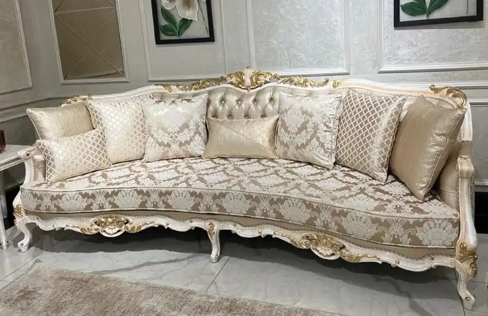 Nur Für Kurze Zeit Casa Padrino sofá barroco de lujo oro / blanco / oro - Sofá de salón hecho a mano con patrón elegante y cojines decorativos - Muebles de salón en estilo barroco