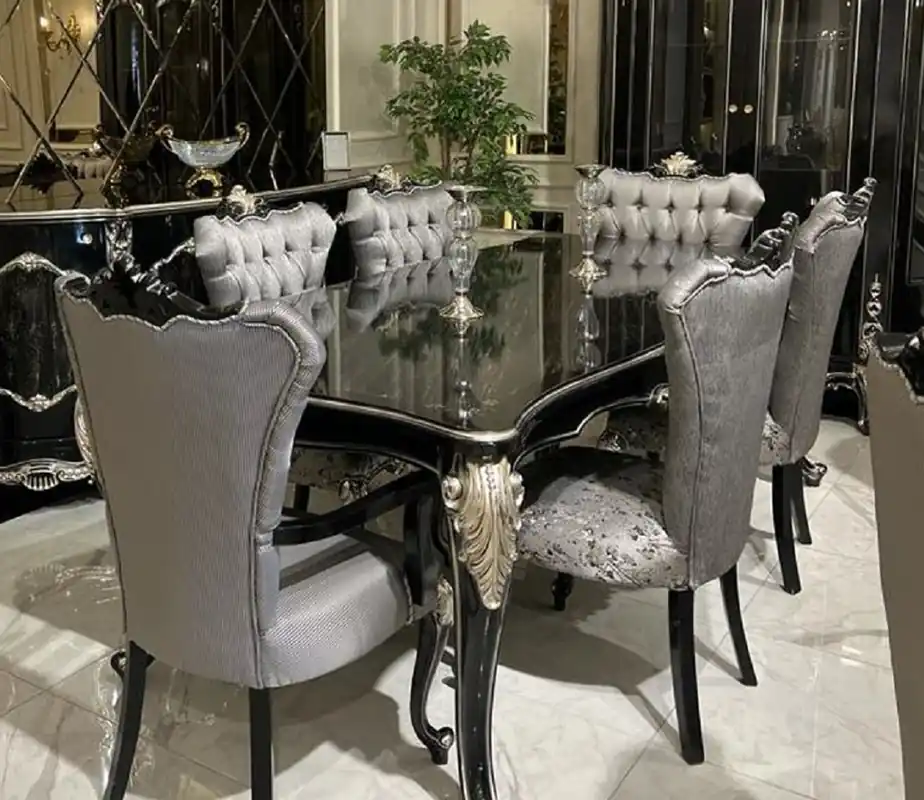Casa Padrino conjunto de comedor barroco de lujo plata / negro / plata - 1 Mesa de Comedor y 6 Sillas de Comedor - Muebles de comedor barrocos - Noble y Magnífico Neuheit