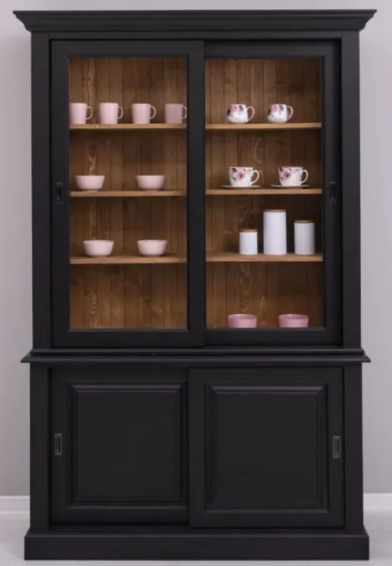 Casa Padrino armario de comedor estilo campestre negro / marrón 141 x 48 x A. 212 cm - Armario de madera maciza con 4 puertas correderas - Mueble de comedor de madera maciza estilo campestre Ausverkauf
