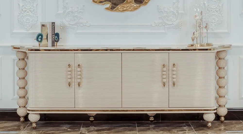 Casa Padrino aparador Art Deco de lujo gris / blanco / oro 250 x 55,5 x A. 89 cm - Gabinete noble de madera maciza con 4 puertas y tapa de mármol artificial - Muebles Art Deco - Calidad de Lujo Solange Der Vorrat Reicht