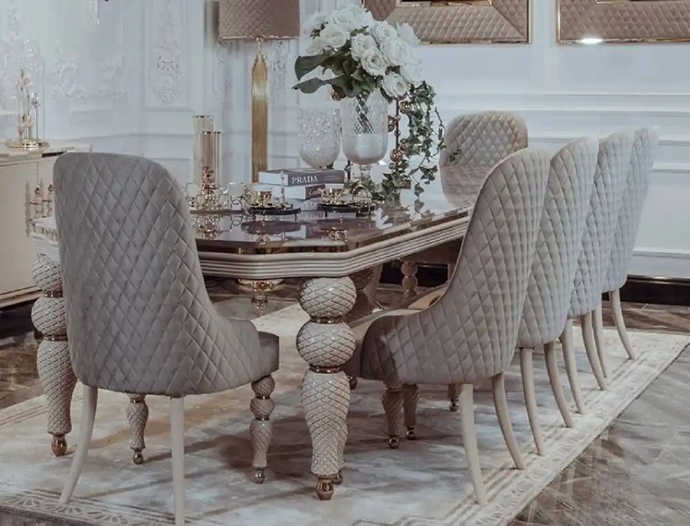 Casa Padrino conjunto de comedor Art Deco de lujo gris / blanco / oro - 1 Mesa de Comedor Art Deco con Tapa Mármol Artificial y 8 Sillas de Comedor Art Deco - Muebles de Comedor Art Deco Geprüft