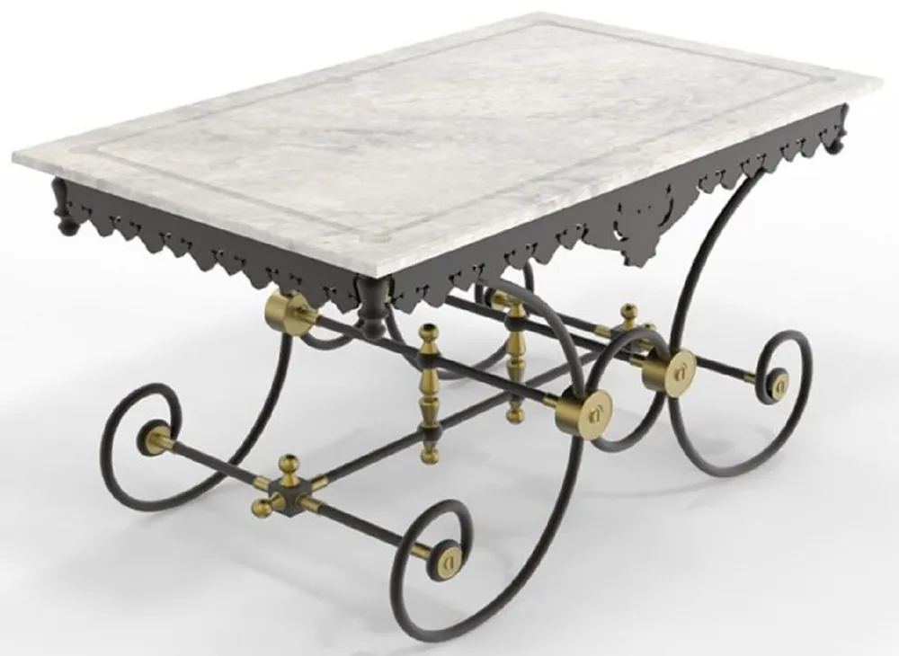 Must-Have Casa Padrino mesa de jardín Art Nouveau blanco / negro / latón 130 x 80 x A. 75 cm - Nostálgica mesa de jardín y terraza de hierro forjado con tablero de mármol - Muebles de jardín y terraza