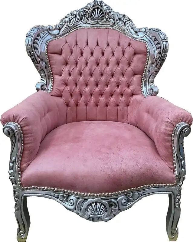 Saisonangebot Casa Padrino sillón barroco rosa / plata - Sillón de salón de madera maciza hecho a mano con cuero artificial - Sillón de salón de estilo antiguo - Muebles de salón barrocos