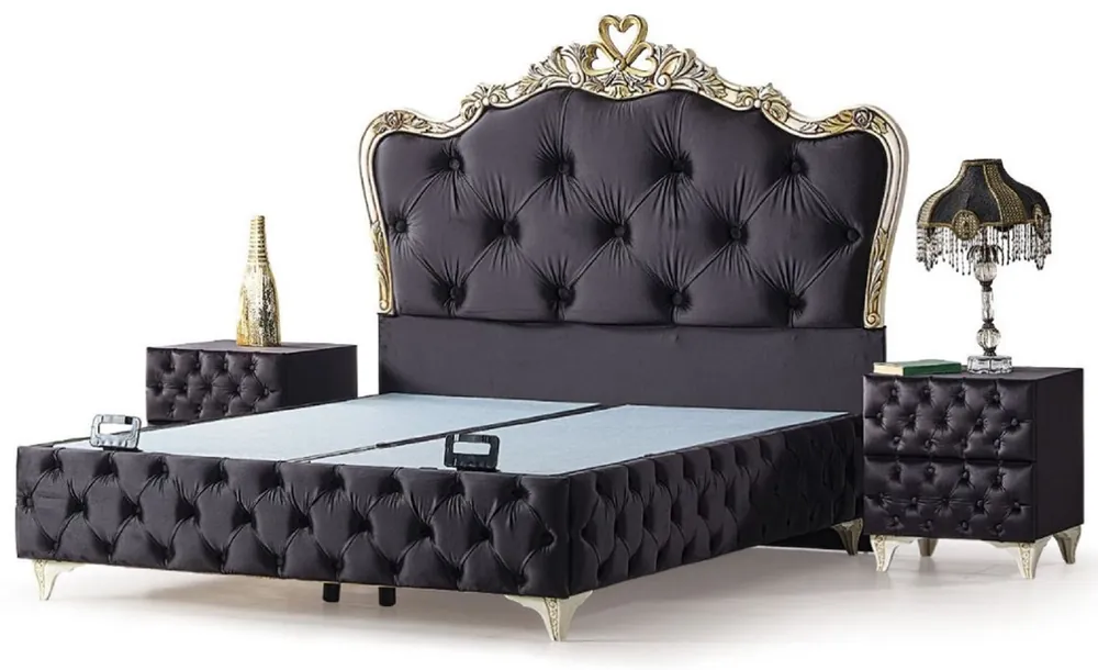 Casa Padrino conjunto de muebles de dormitorio barroco de lujo negro / crema / oro - Varios Tamaños - 1 Cama Doble Barroco y 2 Mesitas de Noche Barroco - Muebles de Dormitorio y de Hotel Barrocos Neue Ware