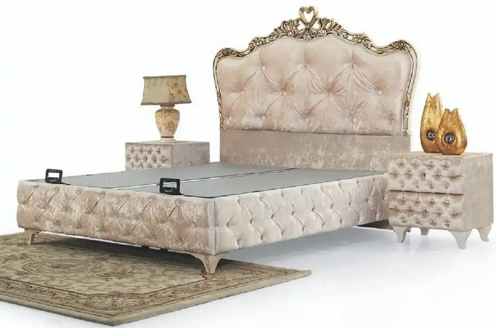 Abverkauf Casa Padrino conjunto de muebles de dormitorio barroco de lujo beige / crema / marrón - Varios Tamaños - 1 Cama Doble Barroco y 2 Mesitas de Noche Barroco - Muebles de Dormitorio y Hotel Barrocos