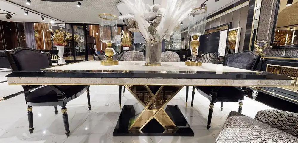 Casa Padrino mesa de comedor Art Deco de lujo blanco / negro / oro - Mesa de Comedor Art Deco - Muebles de Comedor Art Deco - Calidad de Lujo Sonderangebot