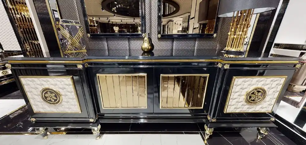 Casa Padrino aparador Art Deco de lujo negro / blanco / oro - Magnífico armario de madera maciza con 4 puertas - Muebles para Salón y Hotel Art Deco de Lujo Sonderaktion