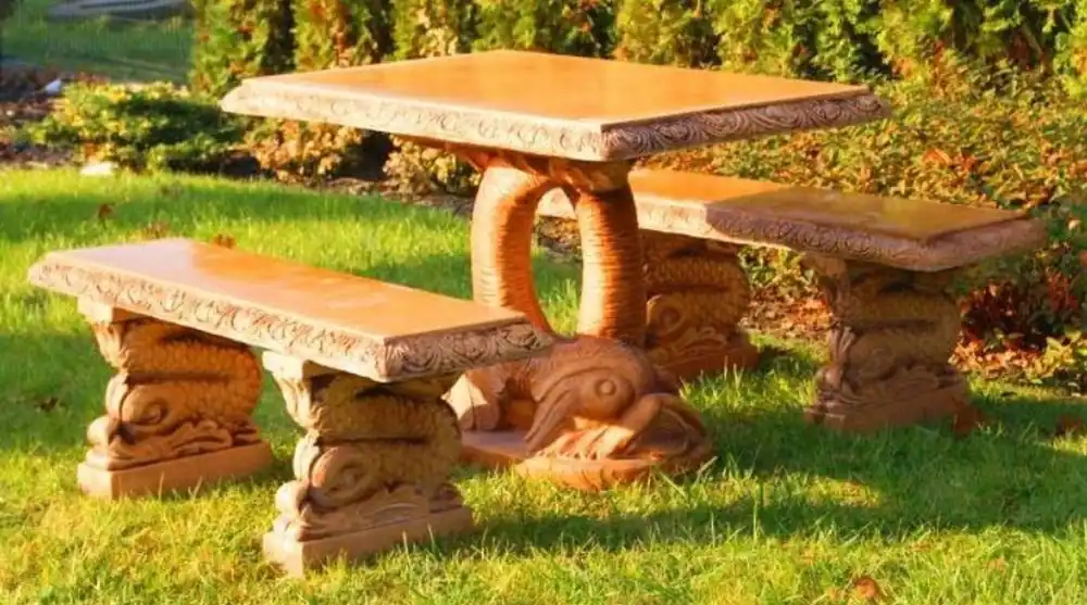 Casa Padrino Conjunto de Muebles de Jardín de Piedra Pez Beige - 1 Mesa de Jardín Oriental & 2 Bancos de Jardín Oriental - Muebles de Jardín y Terraza Oriental Abverkauf